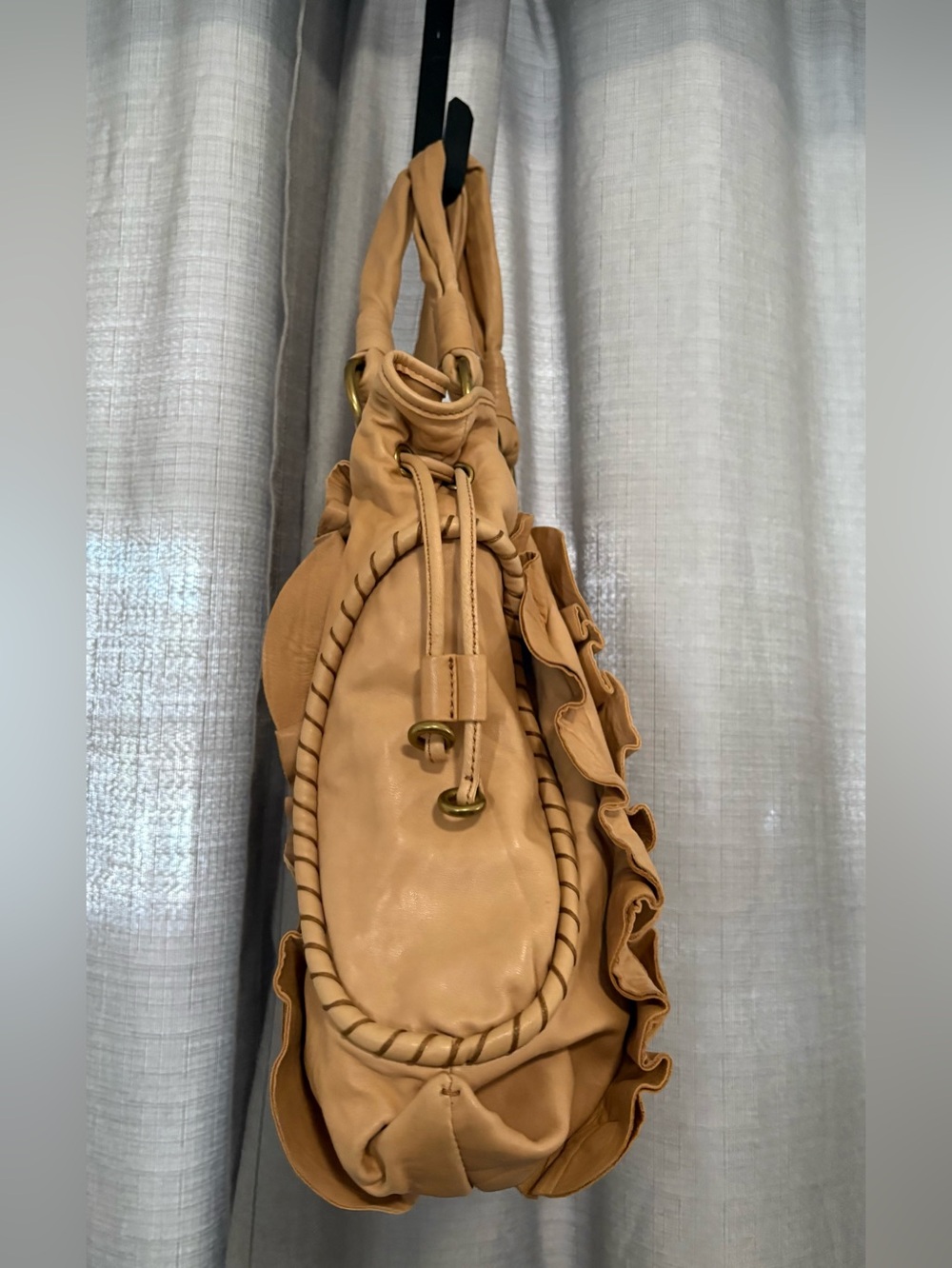 Ziordia Vintage Cream Ruffled Leather Hobo Bag Slouchy - Picture 4 of 7